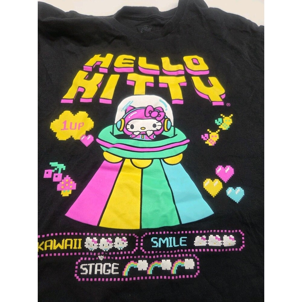 Hello Kitty Kawaii Arcade Retro Ufo Shirt Size Large Black Sanrio *READ*